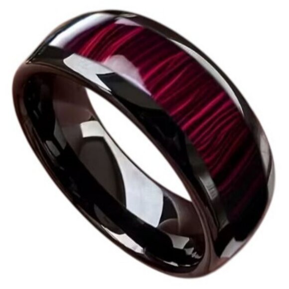 Tungsten Carbide Steel High Polished Red Marble Statement Wedding band - Picture 6 of 8